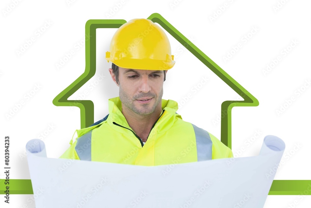Poster Composite image of architect analyzing blueprint