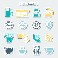 16 gas station icons. Fuel icons. Stickers. Vector