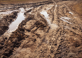 Background tracks from tires on clay off-road