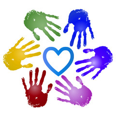 Conceptual children painted hand print and heart isolated