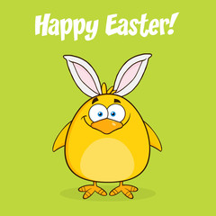 Happy Easter With Smiling Yellow Chick Character With Bunny Ears