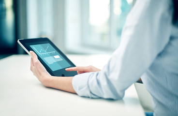 close up of woman hands with tablet pc at office