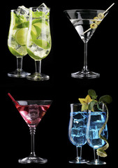 Collage of different cocktails on black background