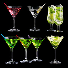 Collage of different cocktails on black background