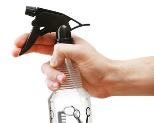 Male hand with sprayer isolated on white background