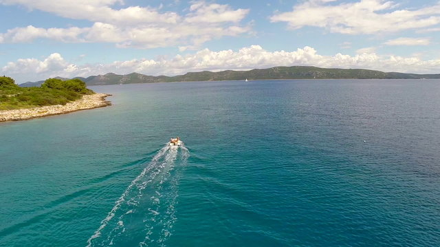 Aerial footage of motor boat