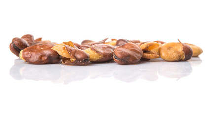 Salted broad beans or vicia faba over white background