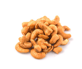 Roasted and salted cashew nut over white background
