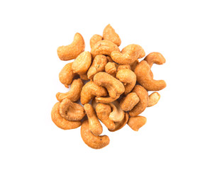 Roasted and salted cashew nut over white background