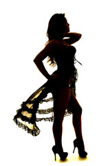 silhouette of woman in black lingerie standing one hand on hip