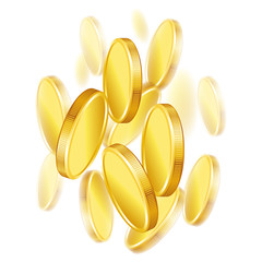 Falling gold shiny coins on white background