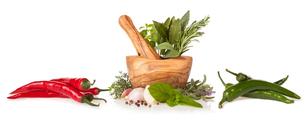 Poster Aroma Wooden mortar with herbs on white background