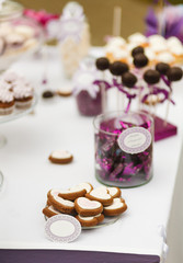 Served festive candy bar table with buiscuits