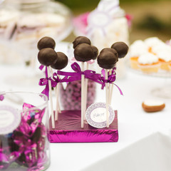 Served festive candy bar - chocolate candies lollipops