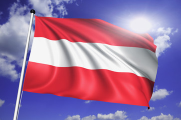 Austria flag with fabric structure against a cloudy sky
