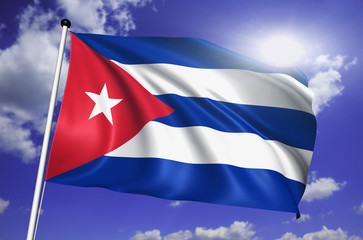 Cuba flag with fabric structure against a cloudy sky