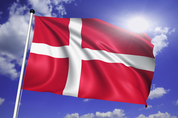 Fototapeta na wymiar Denmark flag with fabric structure against a cloudy sky