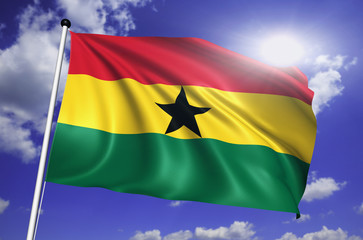 Ghana flag with fabric structure against a cloudy sky