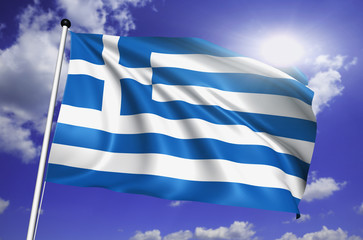 Greece flag with fabric structure against a cloudy sky