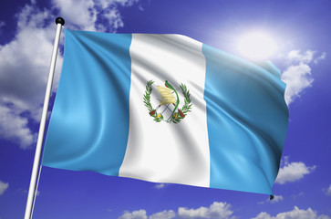 Guatemala flag with fabric structure against a cloudy sky