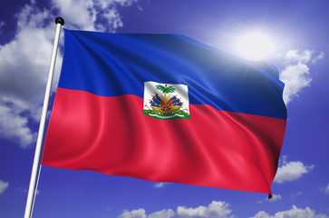 Haiti flag with fabric structure against a cloudy sky