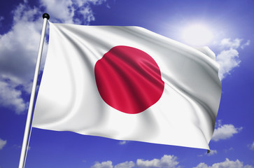 Japan flag with fabric structure against a cloudy sky