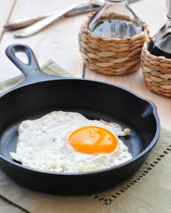 Breakfast the fried egg in a iron frying pan