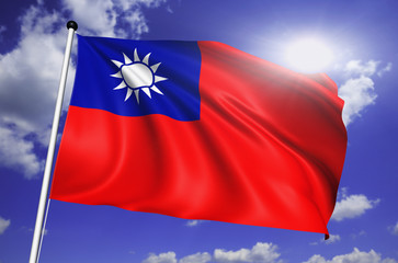 Taiwan flag with fabric structure against a cloudy sky