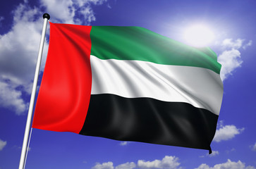 Fototapeta na wymiar United Arab Emirates flag with fabric structure against sky