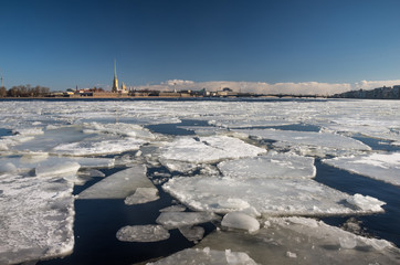 Floating of ice on the river Neva in Saint-Petersburg
