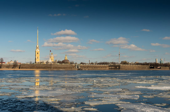 Floating of ice on the river Neva in Saint-Petersburg