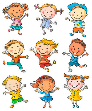 Nine Happy Kids Dancing or Jumping