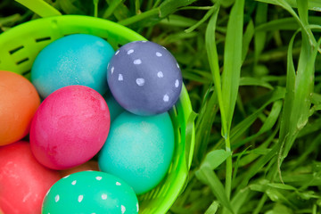 Closeup on Easter eggs in a pail