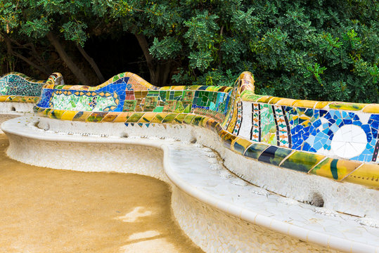 Mosaic serpentine bench in Park Guell of Gaudi, Barcelona. Spain