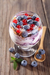 Yogurt with granola and blueberries