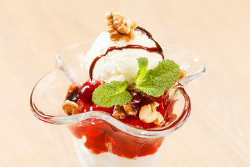 ice cream with fruit sauce