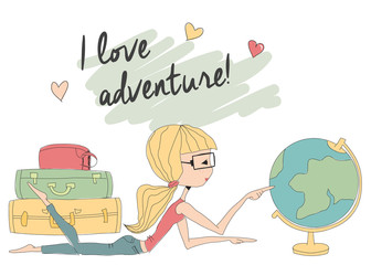 Young girl with glasses looking at world globe