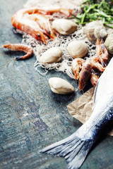 Food background with Seafood and Wine