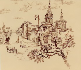 Sketch of old citylife and church engraving style on old paper g