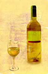 Glass of wine and bottle on distressed background