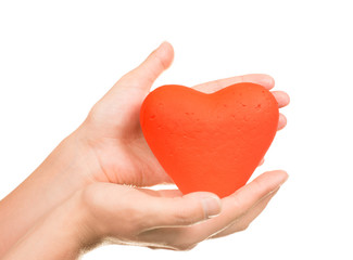 Fototapeta premium Red heart in man hands, isolated on white