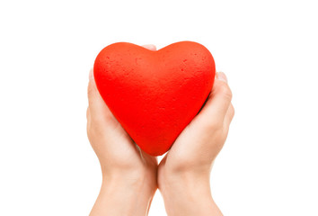 Red heart in man hands, isolated on white