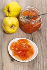 Homemade jam from a quince. Selective focus.