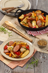 Roasted Potato and Sausage Dinner. Selective focus.