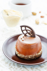 cake with berry compote and peanut mousse