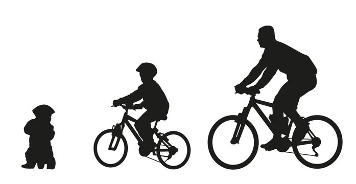 Father And Kids On Bike. Vector Silhouette