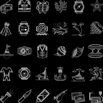 Scuba diving white line icons vector collection