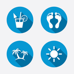 Beach holidays icons. Cocktail, human footprints