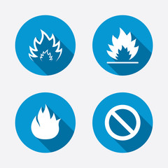 Fire flame icons. Prohibition stop symbol.
