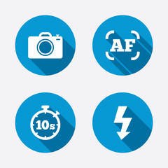 Photo camera icon. Flash light and autofocus AF.